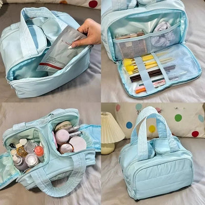 Multi-Compartment Quilted Simple and Stylish Solid Color Portable Travel Toiletry and Makeup Bag, Multifunctional Large Capacity Lightweight Soft Stain-Resistant Large Opening Toiletry Bag for Men and Women, with Dry and Wet