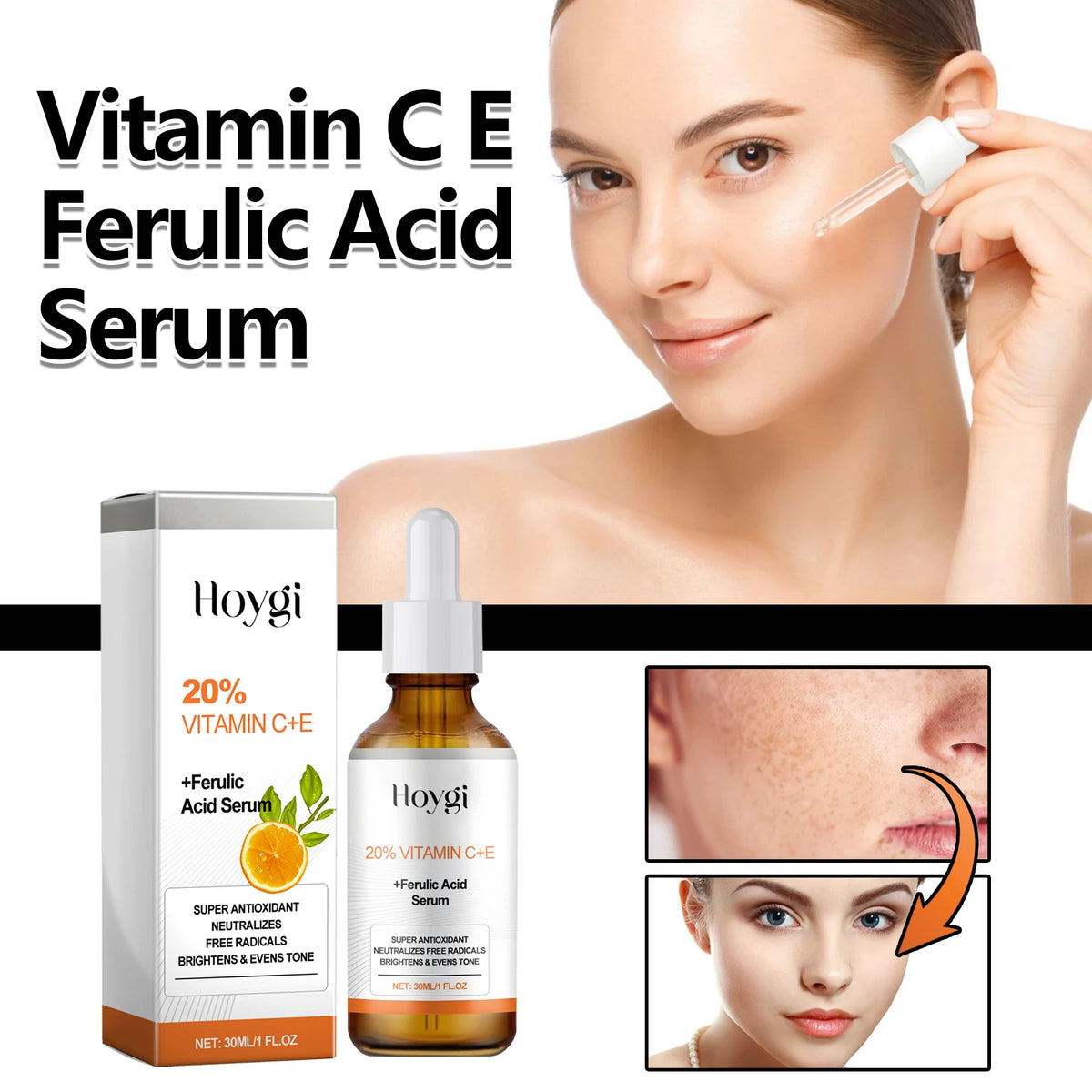 30ML Vitamin C+E Face Serum Deep Moisturizing Improve Skin Texture Enhance Smoothness Nourishing Pores Anti-oxidant Non-greasy Face Serum
