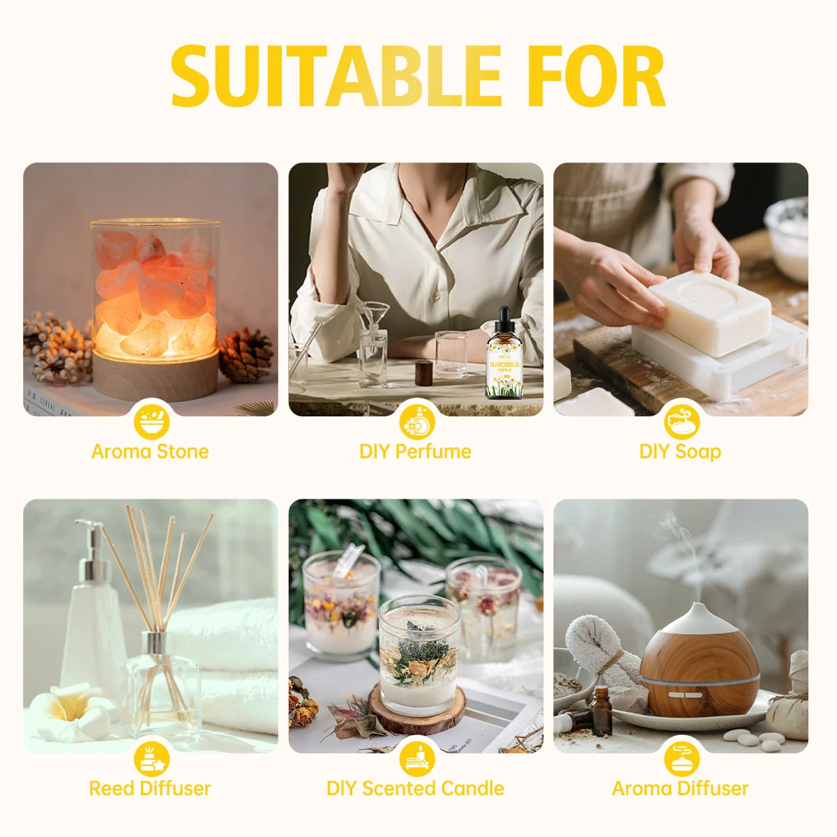 Narcissus essential oil is suitable for use in diffusers and humidifiers, and can also be used for body massage and hair care.