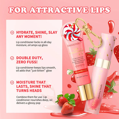 Strawberry Scent Lip Gloss Duo Combo with Keychain Long Lasting Nourish Plumper Lip Cosmetics Christmas Gift