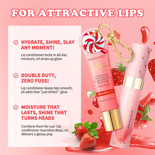 Strawberry Scent Lip Gloss Duo Combo with Keychain Long Lasting Nourish Plumper Lip Cosmetics Christmas Gift