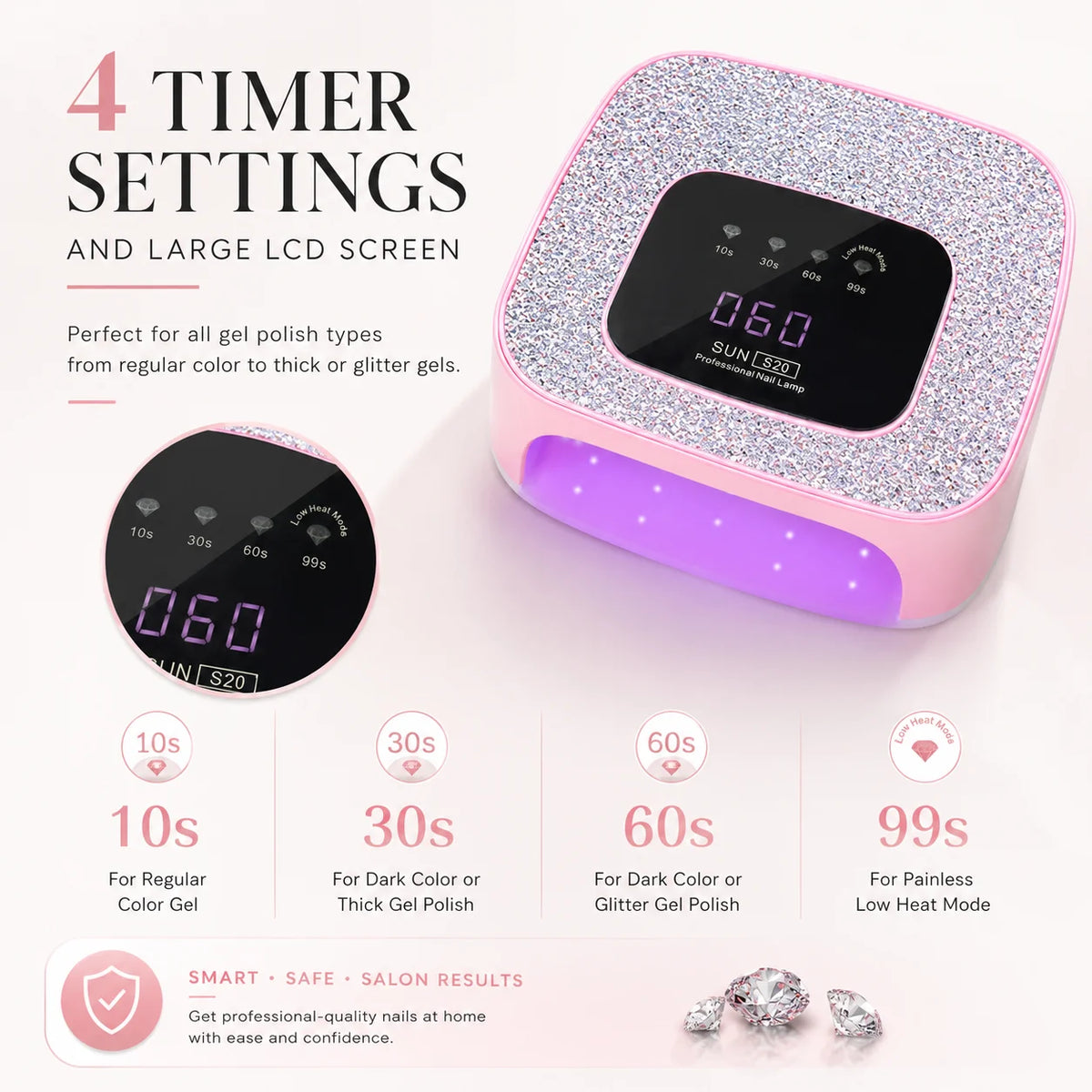 Rechargeable UV/LED Nail Lamp with Auto Sensor, Portable Cordless Gel Nail Dryer Light 4 Timings & Diamond LCD Screen, UV Light for Gel Nails at Home Salon PINK