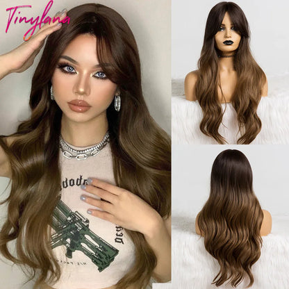 TINY LANA Synthetic Long Body Wave Hair Wigs Brown to Blonde Ombre Wig with Bangs for Women Natural Cosplay Heat Resistant Hair