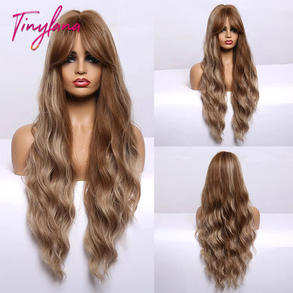 TINY LANA Synthetic Long Body Wave Hair Wigs Brown to Blonde Ombre Wig with Bangs for Women Natural Cosplay Heat Resistant Hair