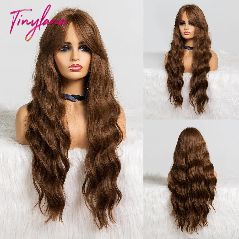 TINY LANA Synthetic Long Body Wave Hair Wigs Brown to Blonde Ombre Wig with Bangs for Women Natural Cosplay Heat Resistant Hair