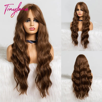 TINY LANA Synthetic Long Body Wave Hair Wigs Brown to Blonde Ombre Wig with Bangs for Women Natural Cosplay Heat Resistant Hair