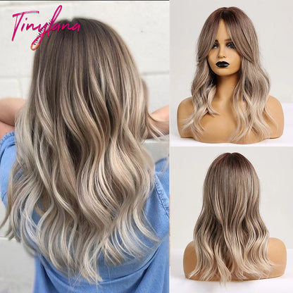 Short Bob Synthetic Wig Ombre Brown Wavy Hair Wigs With Bangs for Black Women Medium Cosplay Daily Natural Hair Heat Resistant