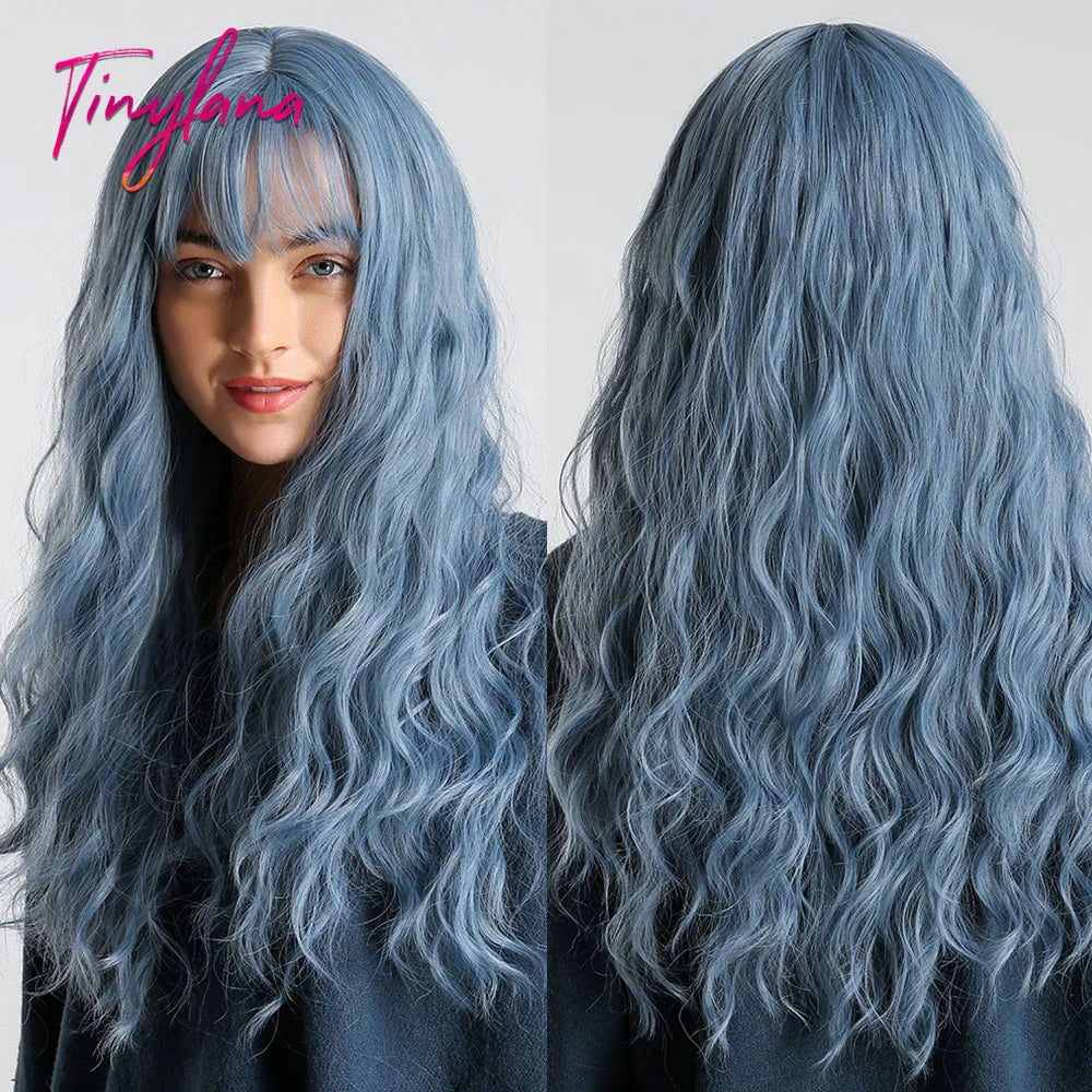 TINY LANA Synthetic Long Body Wave Hair Wigs Brown to Blonde Ombre Wig with Bangs for Women Natural Cosplay Heat Resistant Hair