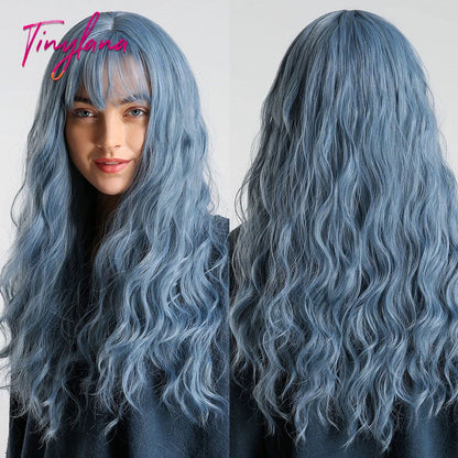 TINY LANA Synthetic Long Body Wave Hair Wigs Brown to Blonde Ombre Wig with Bangs for Women Natural Cosplay Heat Resistant Hair