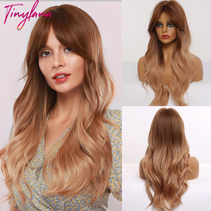TINY LANA Synthetic Long Body Wave Hair Wigs Brown to Blonde Ombre Wig with Bangs for Women Natural Cosplay Heat Resistant Hair