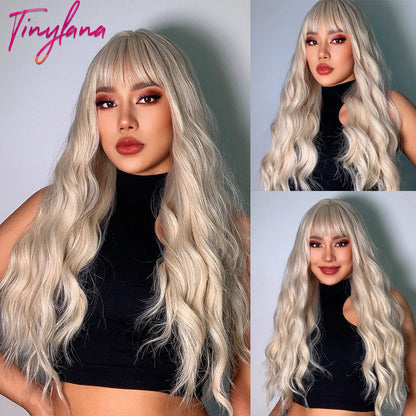 TINY LANA Synthetic Long Body Wave Hair Wigs Brown to Blonde Ombre Wig with Bangs for Women Natural Cosplay Heat Resistant Hair