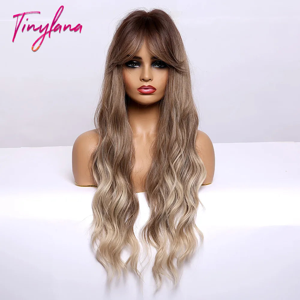 TINY LANA Synthetic Long Body Wave Hair Wigs Brown to Blonde Ombre Wig with Bangs for Women Natural Cosplay Heat Resistant Hair
