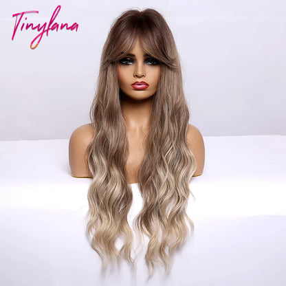 TINY LANA Synthetic Long Body Wave Hair Wigs Brown to Blonde Ombre Wig with Bangs for Women Natural Cosplay Heat Resistant Hair