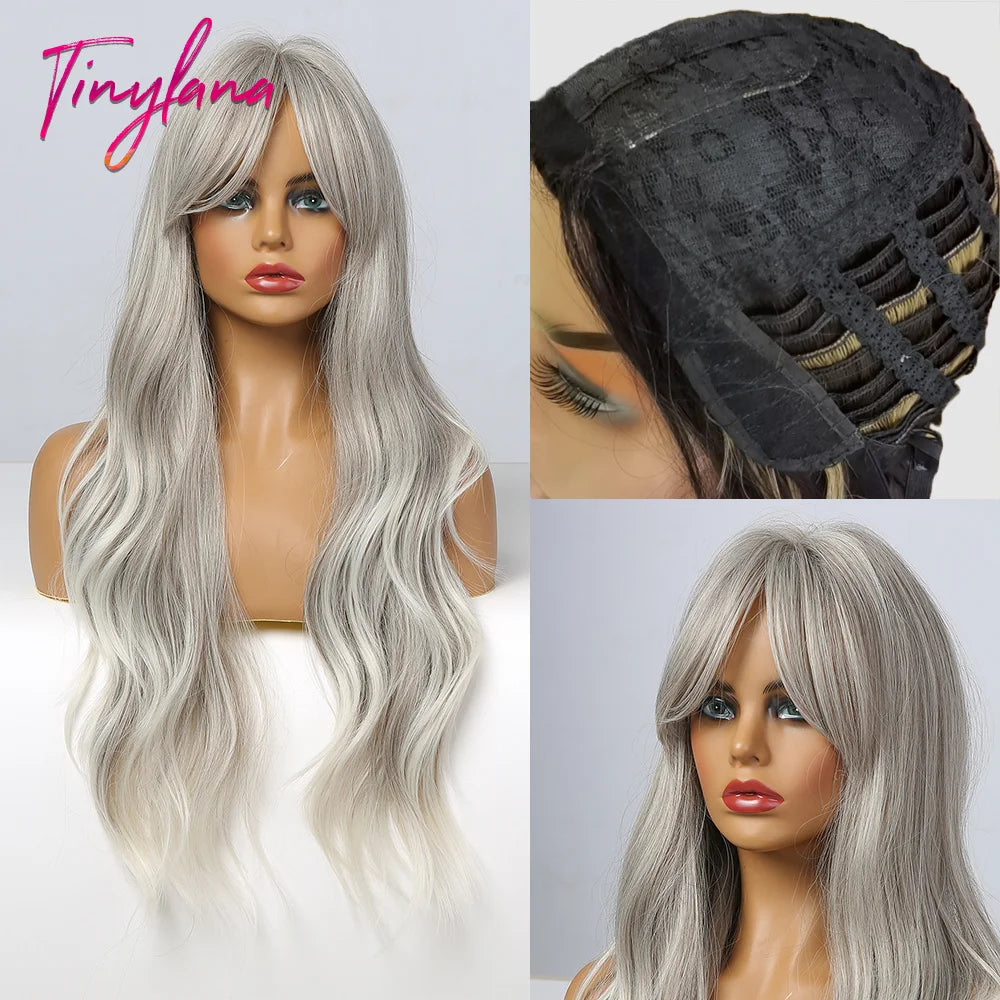 TINY LANA Synthetic Long Body Wave Hair Wigs Brown to Blonde Ombre Wig with Bangs for Women Natural Cosplay Heat Resistant Hair