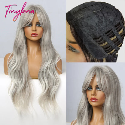 TINY LANA Synthetic Long Body Wave Hair Wigs Brown to Blonde Ombre Wig with Bangs for Women Natural Cosplay Heat Resistant Hair