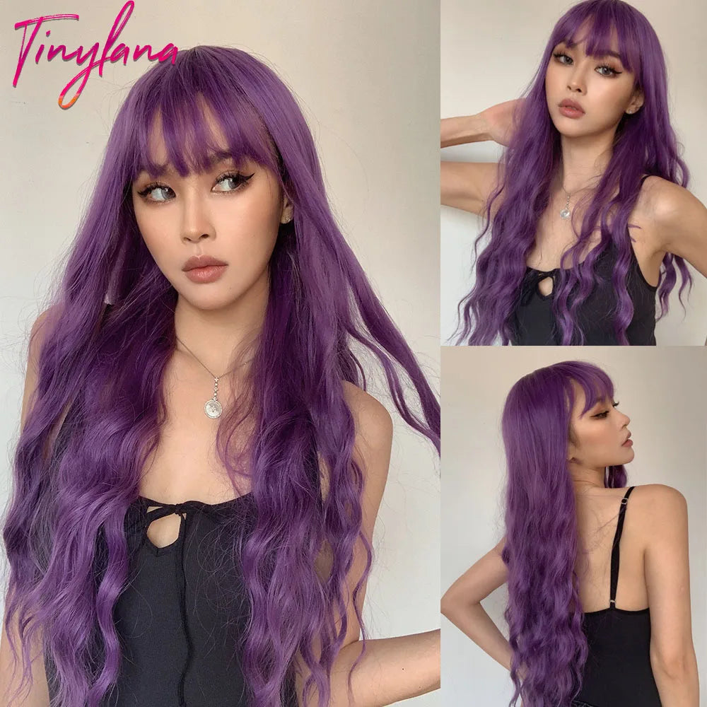 TINY LANA Synthetic Long Body Wave Hair Wigs Brown to Blonde Ombre Wig with Bangs for Women Natural Cosplay Heat Resistant Hair