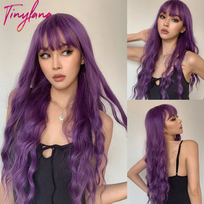 TINY LANA Synthetic Long Body Wave Hair Wigs Brown to Blonde Ombre Wig with Bangs for Women Natural Cosplay Heat Resistant Hair