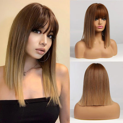 Short Bob Synthetic Wig Ombre Brown Wavy Hair Wigs With Bangs for Black Women Medium Cosplay Daily Natural Hair Heat Resistant