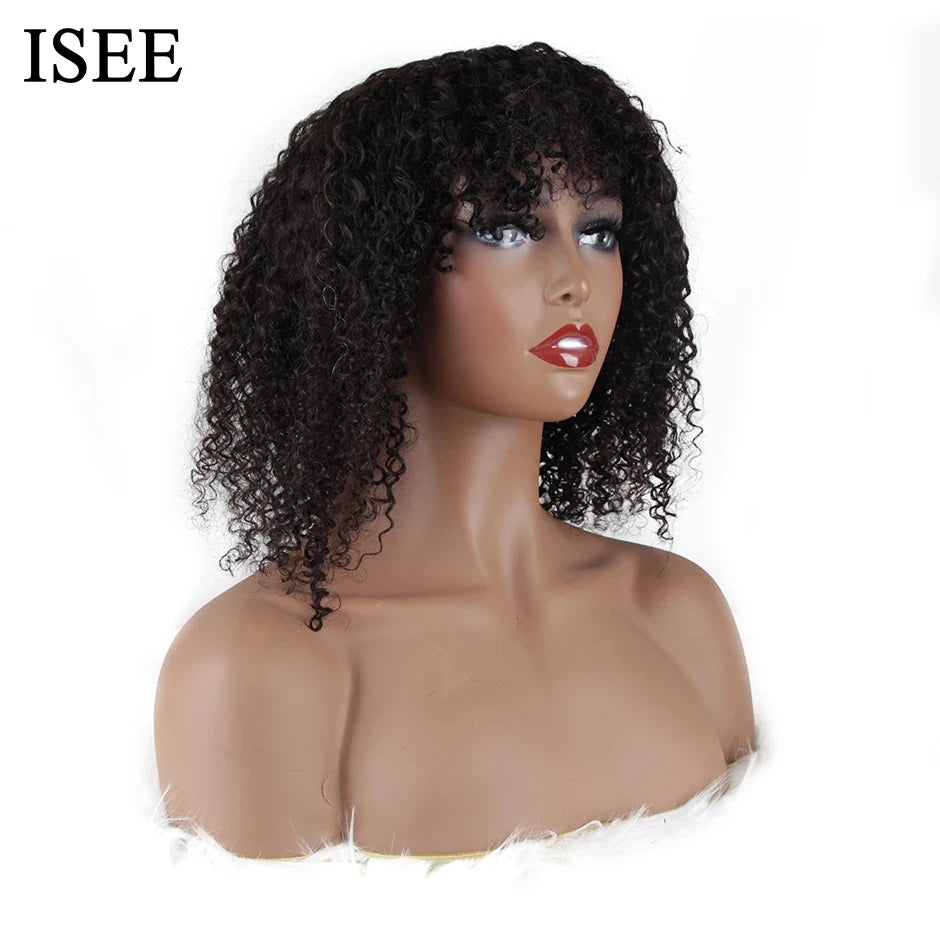 ISEE HAIR Machine Made Sew In Short Bob Wig With Bangs Human Hair Wigs Mongolian Curly Wig with Bang For Women Wigs