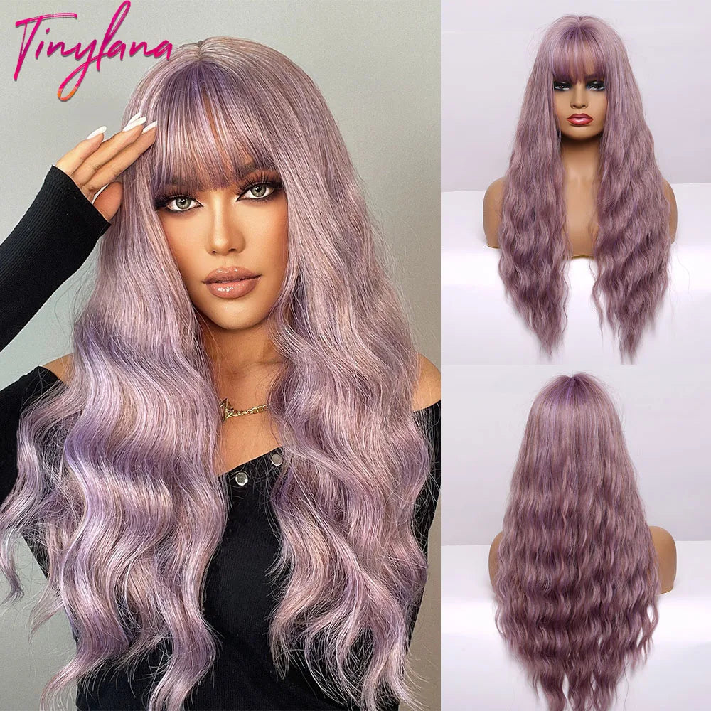 TINY LANA Synthetic Long Body Wave Hair Wigs Brown to Blonde Ombre Wig with Bangs for Women Natural Cosplay Heat Resistant Hair