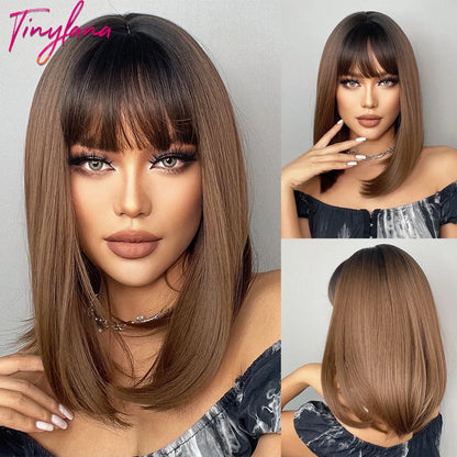 Short Bob Synthetic Wig Ombre Brown Wavy Hair Wigs With Bangs for Black Women Medium Cosplay Daily Natural Hair Heat Resistant