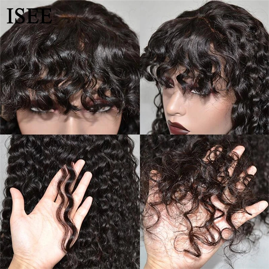 ISEE HAIR Machine Made Sew In Short Bob Wig With Bangs Human Hair Wigs Mongolian Curly Wig with Bang For Women Wigs