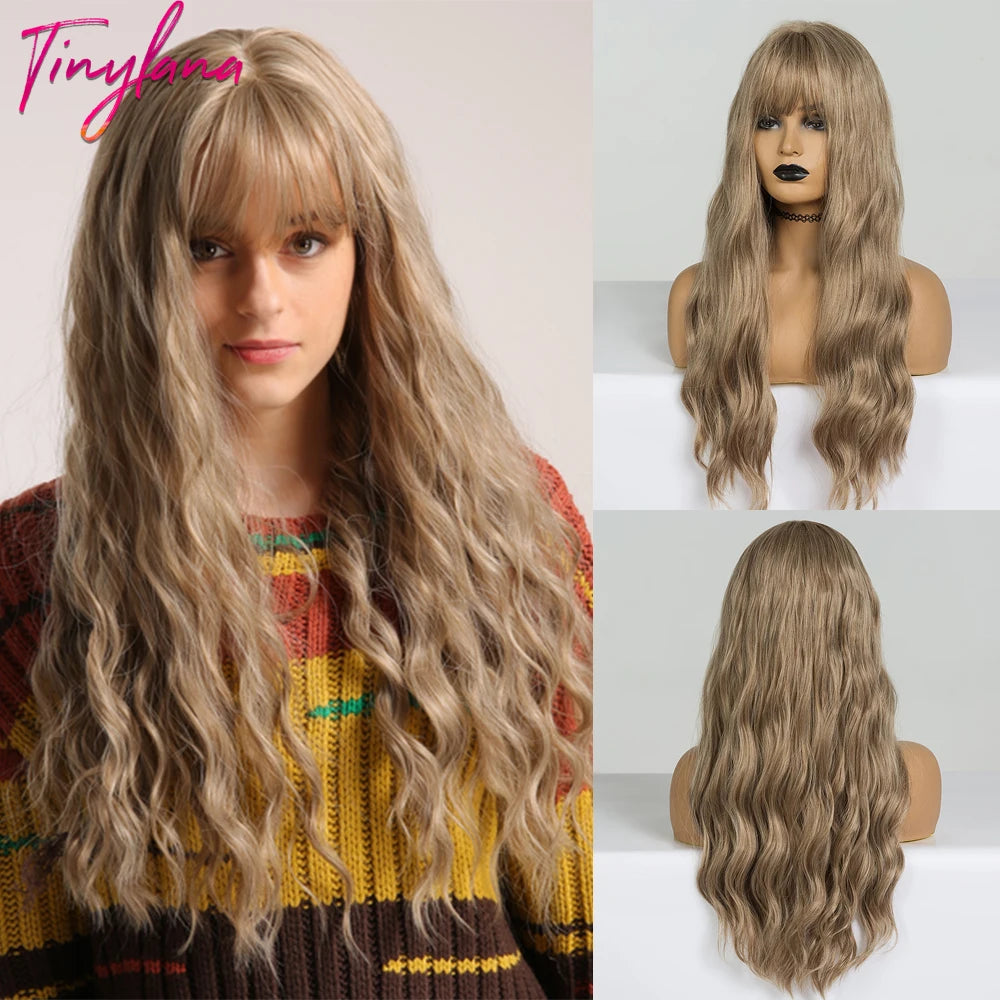 TINY LANA Synthetic Long Body Wave Hair Wigs Brown to Blonde Ombre Wig with Bangs for Women Natural Cosplay Heat Resistant Hair