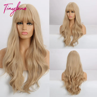 TINY LANA Synthetic Long Body Wave Hair Wigs Brown to Blonde Ombre Wig with Bangs for Women Natural Cosplay Heat Resistant Hair