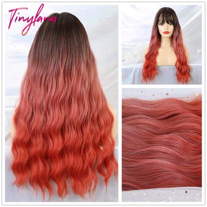 TINY LANA Synthetic Long Body Wave Hair Wigs Brown to Blonde Ombre Wig with Bangs for Women Natural Cosplay Heat Resistant Hair
