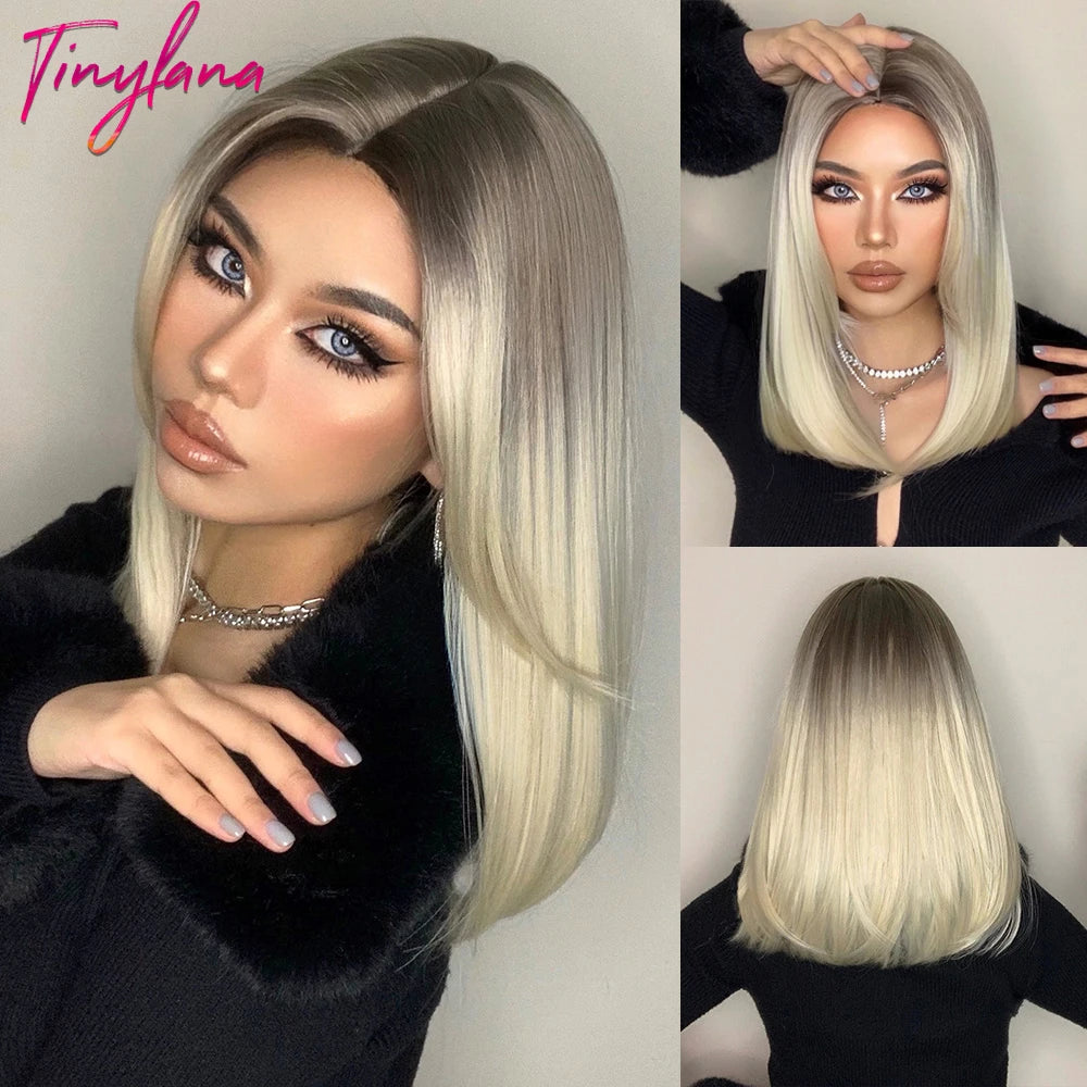 Short Bob Synthetic Wig Ombre Brown Wavy Hair Wigs With Bangs for Black Women Medium Cosplay Daily Natural Hair Heat Resistant