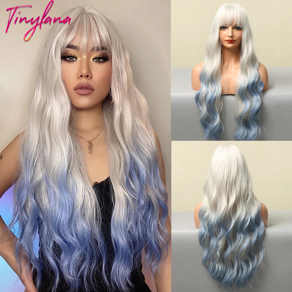 TINY LANA Synthetic Long Body Wave Hair Wigs Brown to Blonde Ombre Wig with Bangs for Women Natural Cosplay Heat Resistant Hair