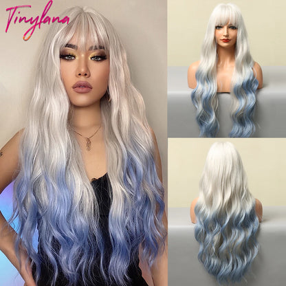 TINY LANA Synthetic Long Body Wave Hair Wigs Brown to Blonde Ombre Wig with Bangs for Women Natural Cosplay Heat Resistant Hair