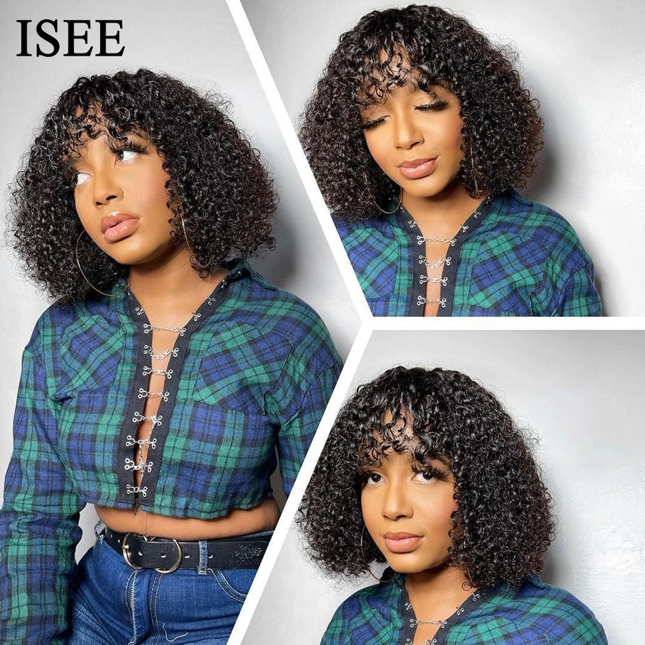 ISEE HAIR Machine Made Sew In Short Bob Wig With Bangs Human Hair Wigs Mongolian Curly Wig with Bang For Women Wigs