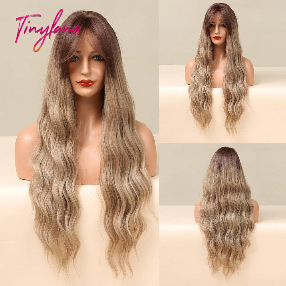 TINY LANA Synthetic Long Body Wave Hair Wigs Brown to Blonde Ombre Wig with Bangs for Women Natural Cosplay Heat Resistant Hair