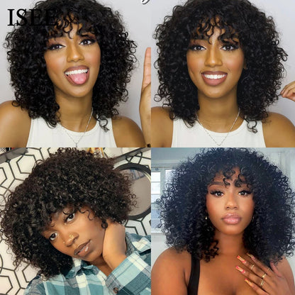 ISEE HAIR Machine Made Sew In Short Bob Wig With Bangs Human Hair Wigs Mongolian Curly Wig with Bang For Women Wigs