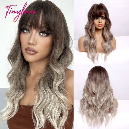 Short Bob Synthetic Wig Ombre Brown Wavy Hair Wigs With Bangs for Black Women Medium Cosplay Daily Natural Hair Heat Resistant