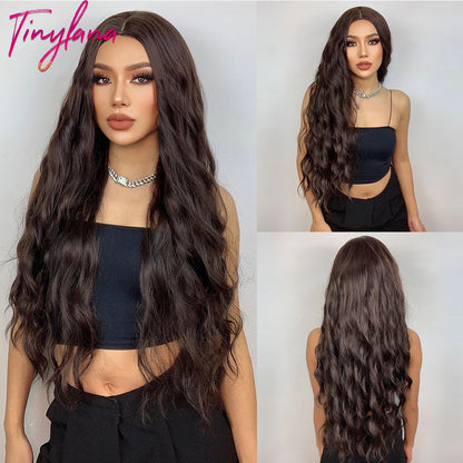 TINY LANA Synthetic Long Body Wave Hair Wigs Brown to Blonde Ombre Wig with Bangs for Women Natural Cosplay Heat Resistant Hair