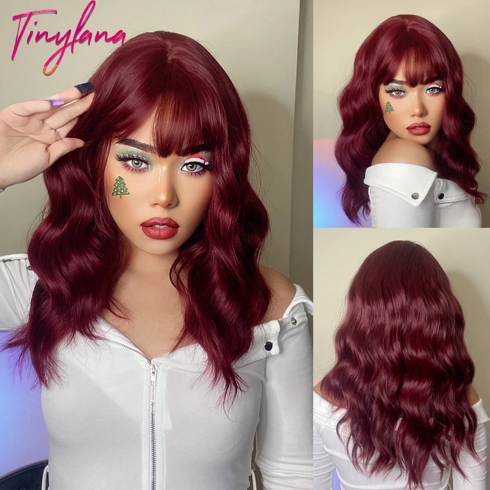 Short Bob Synthetic Wig Ombre Brown Wavy Hair Wigs With Bangs for Black Women Medium Cosplay Daily Natural Hair Heat Resistant