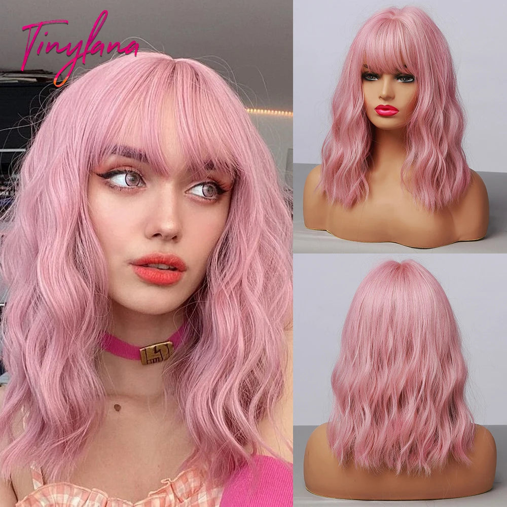 Short Bob Synthetic Wig Ombre Brown Wavy Hair Wigs With Bangs for Black Women Medium Cosplay Daily Natural Hair Heat Resistant