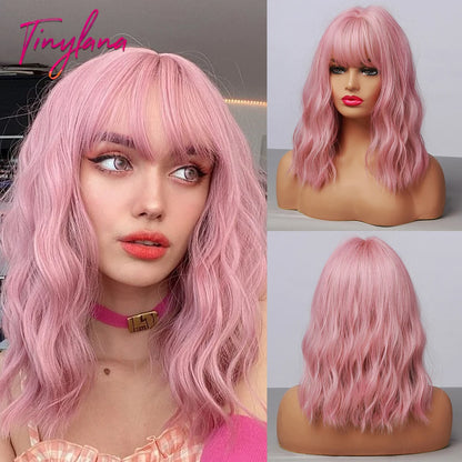 Short Bob Synthetic Wig Ombre Brown Wavy Hair Wigs With Bangs for Black Women Medium Cosplay Daily Natural Hair Heat Resistant