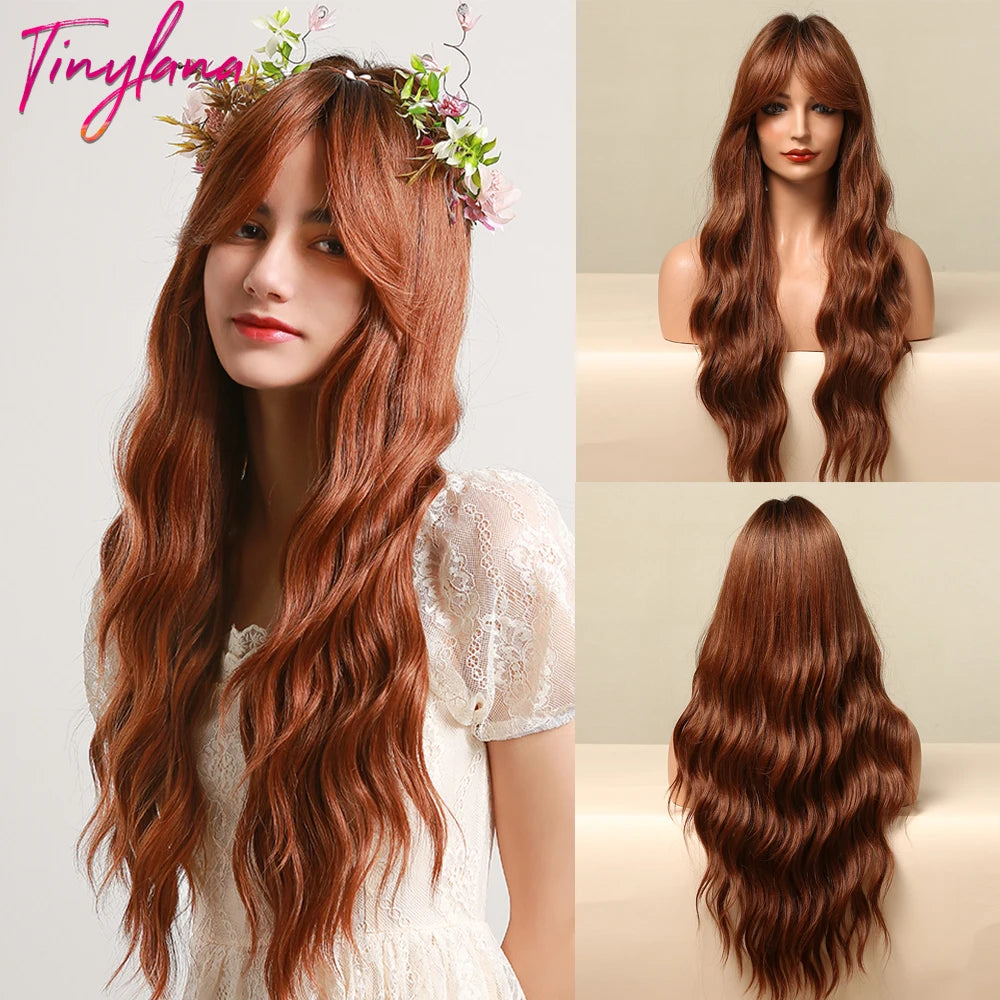 TINY LANA Synthetic Long Body Wave Hair Wigs Brown to Blonde Ombre Wig with Bangs for Women Natural Cosplay Heat Resistant Hair