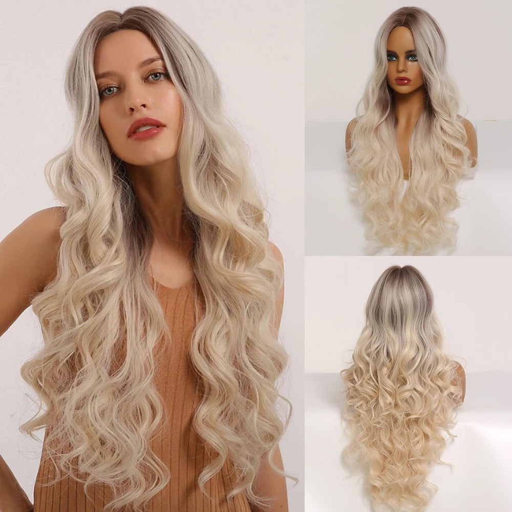TINY LANA Synthetic Long Body Wave Hair Wigs Brown to Blonde Ombre Wig with Bangs for Women Natural Cosplay Heat Resistant Hair