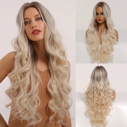 TINY LANA Synthetic Long Body Wave Hair Wigs Brown to Blonde Ombre Wig with Bangs for Women Natural Cosplay Heat Resistant Hair