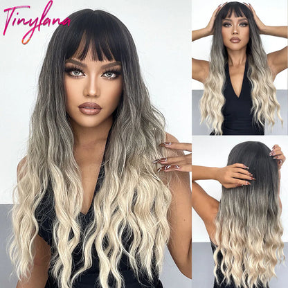 TINY LANA Synthetic Long Body Wave Hair Wigs Brown to Blonde Ombre Wig with Bangs for Women Natural Cosplay Heat Resistant Hair