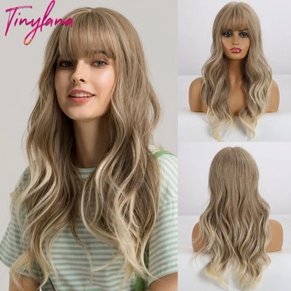 Short Bob Synthetic Wig Ombre Brown Wavy Hair Wigs With Bangs for Black Women Medium Cosplay Daily Natural Hair Heat Resistant