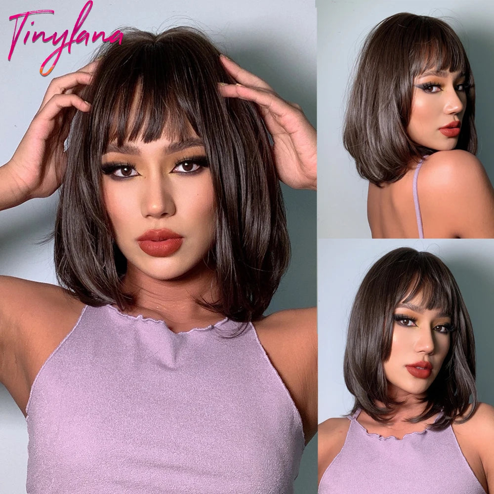 Short Bob Synthetic Wig Ombre Brown Wavy Hair Wigs With Bangs for Black Women Medium Cosplay Daily Natural Hair Heat Resistant