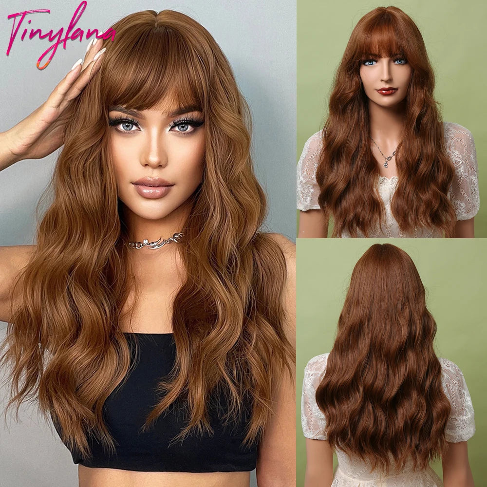 Short Bob Synthetic Wig Ombre Brown Wavy Hair Wigs With Bangs for Black Women Medium Cosplay Daily Natural Hair Heat Resistant