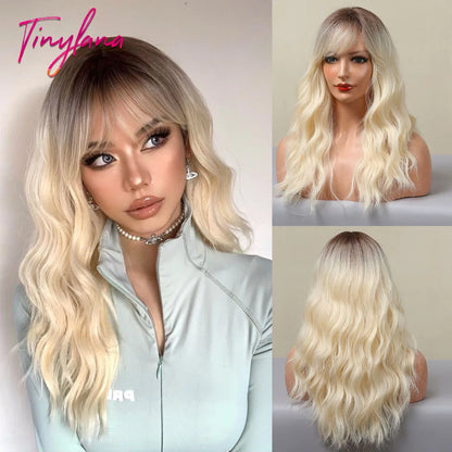 Short Bob Synthetic Wig Ombre Brown Wavy Hair Wigs With Bangs for Black Women Medium Cosplay Daily Natural Hair Heat Resistant