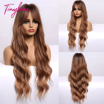 TINY LANA Synthetic Long Body Wave Hair Wigs Brown to Blonde Ombre Wig with Bangs for Women Natural Cosplay Heat Resistant Hair