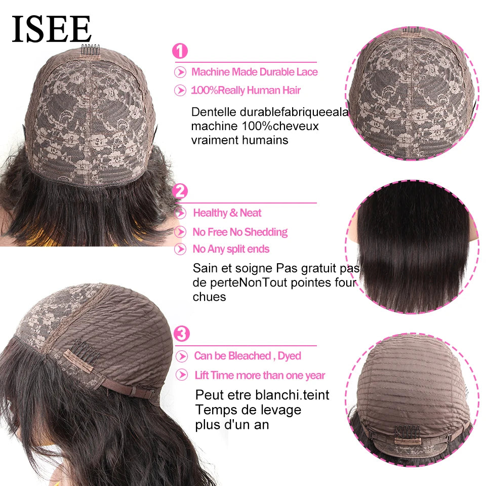 ISEE HAIR Machine Made Sew In Short Bob Wig With Bangs Human Hair Wigs Mongolian Curly Wig with Bang For Women Wigs
